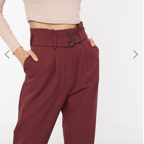 ASOS DESIGN paperbag pants with d ring in oxblood - Picture 3 of 4